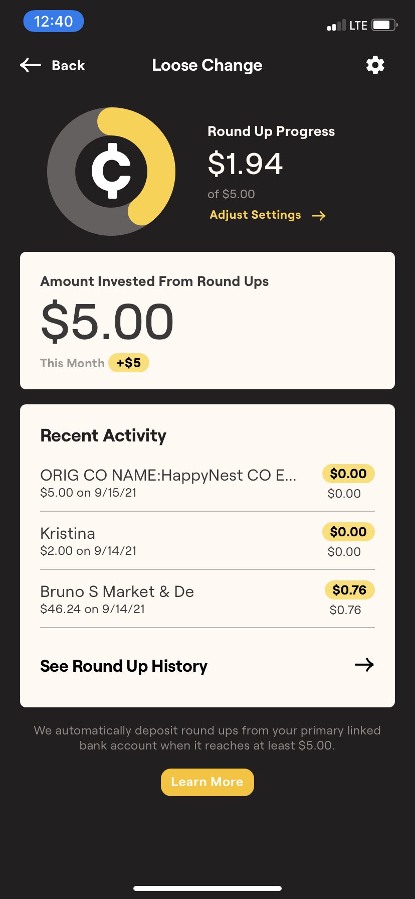 Loose Change Round up activity log in HappyNest app