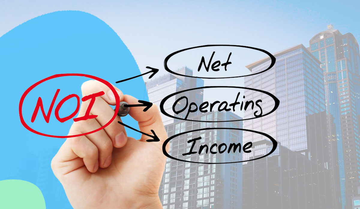 An image illustrating how to calculate net operating income, featuring a city skyline, branded eggs, and a hand drawing the NOI acronym with arrows defining it as Net Operating Income.