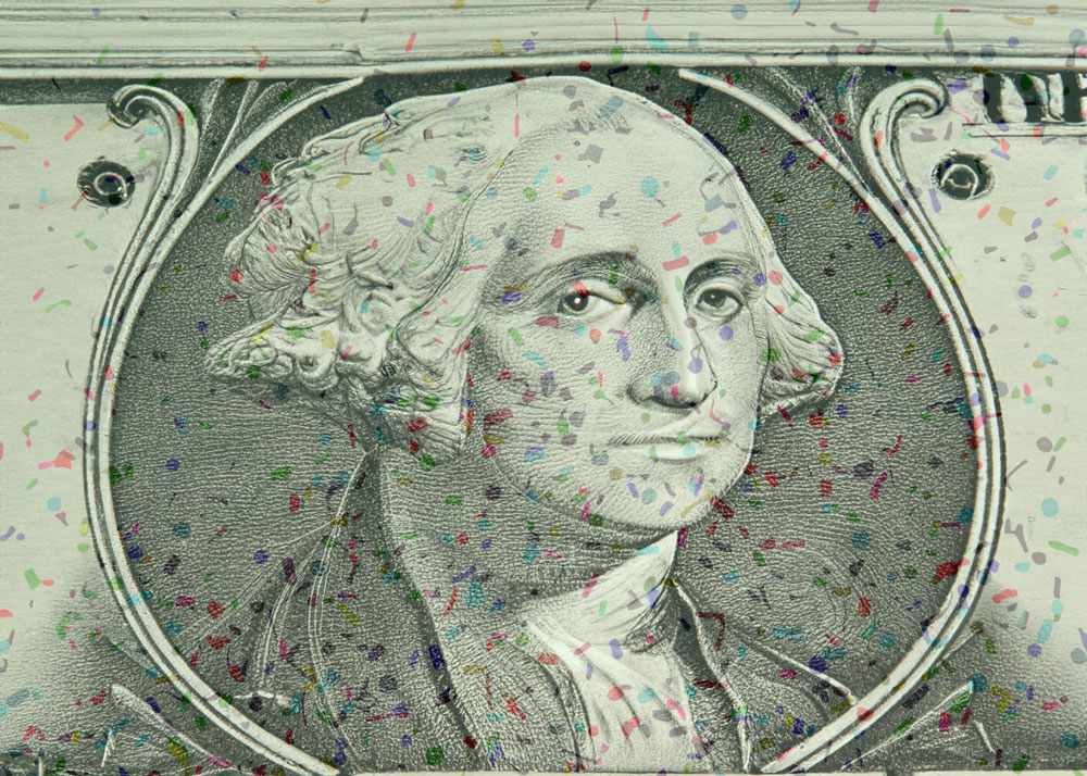A picture of George Washington on a dollar bill with confetti in the background representing that personal finance and wealth building starts with budgeting just one dollar.